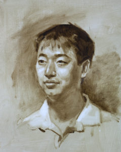 Portrait painting from life, underpainting