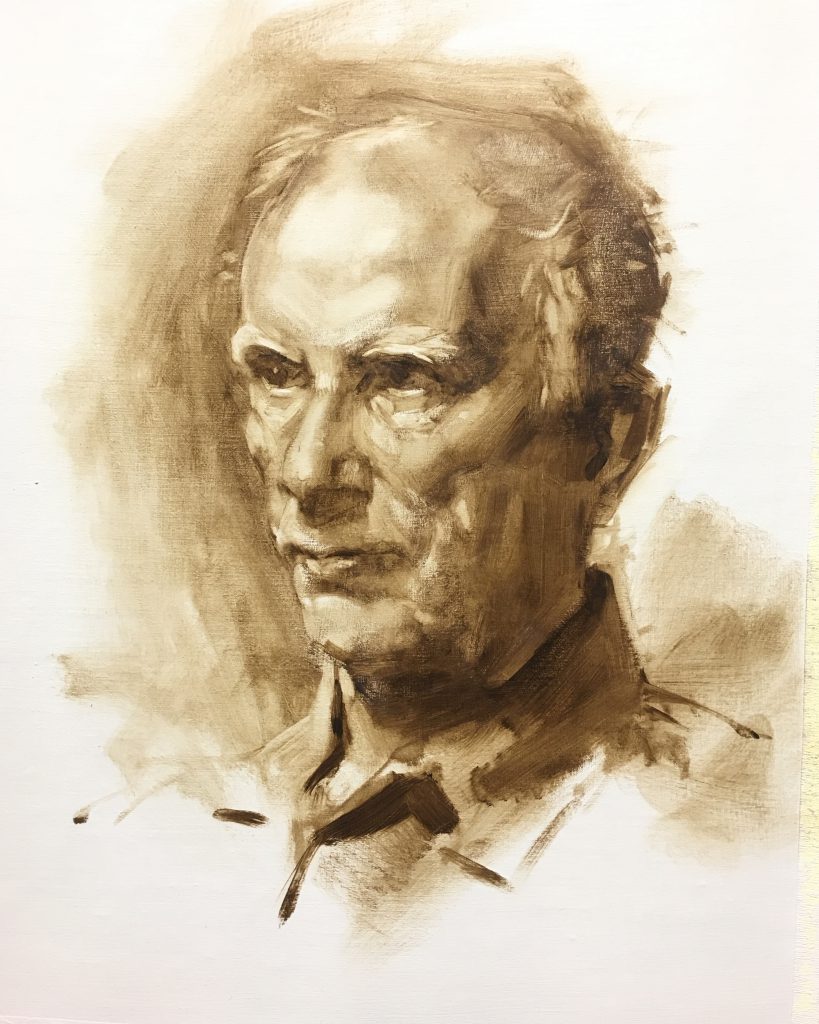 From life model. Oil sketch in raw umber. Next week in colour.