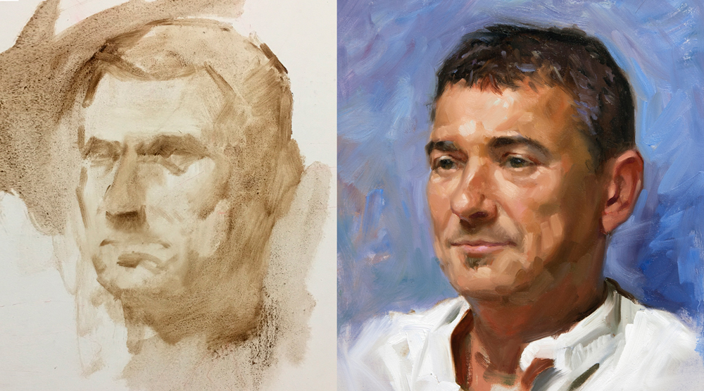 Underpainting and finished portrait in oil paint